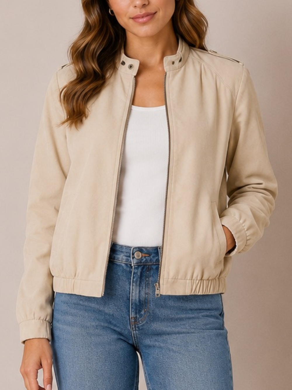 Vintage Olympic Faux Suede Bomber Jacket Tan Cream Size 6